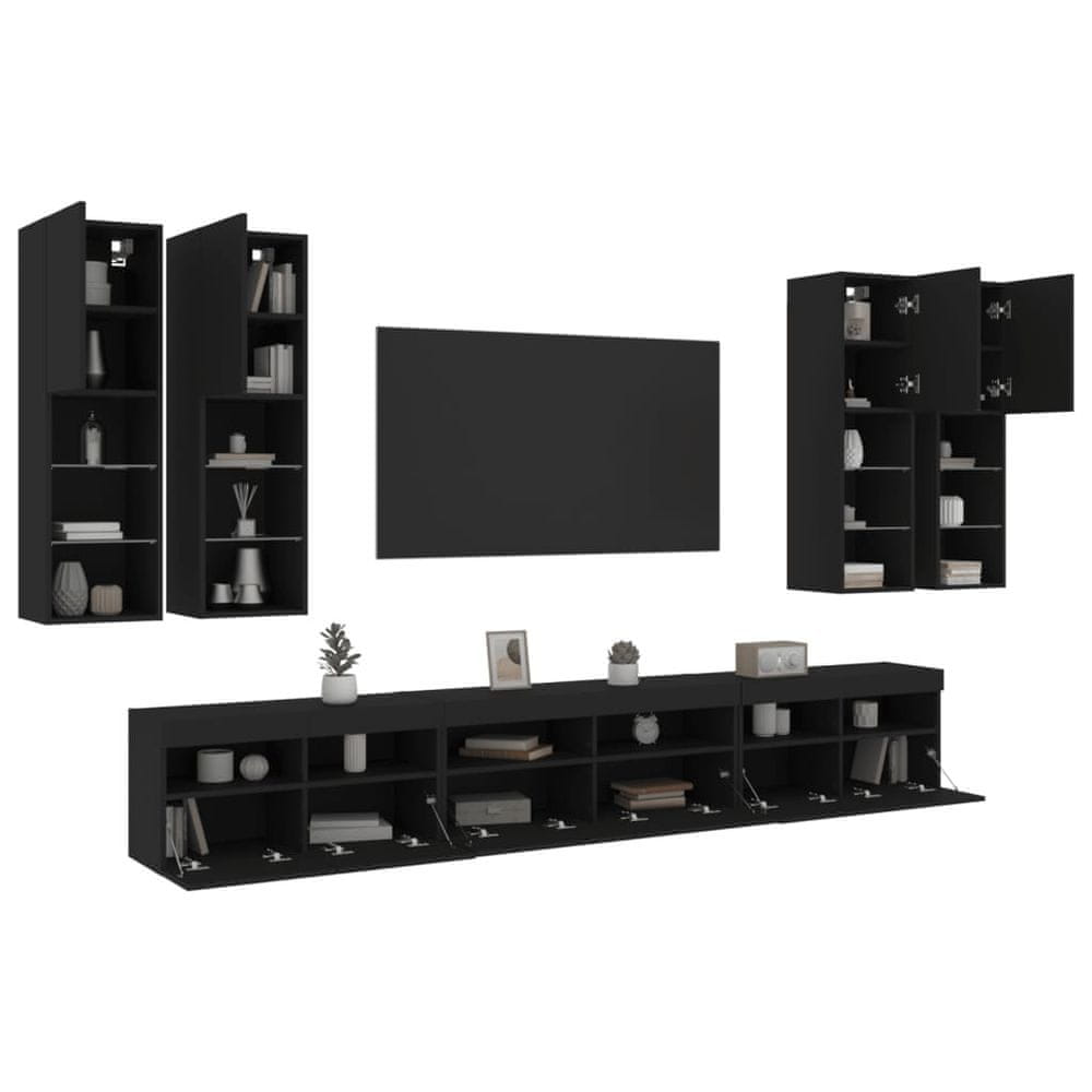 Vidaxl 7-dielna súprava TV nástenných skriniek s LED svetlami čierna